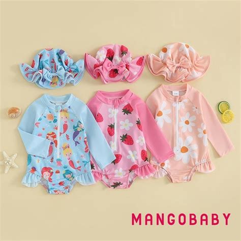 Mg Baby Girls Swimsuit Strawberry Flower Mermaid Bikini With Hat Newborn Swimwear For Summer