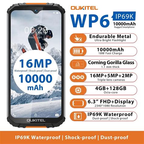 Oukitel wp6 10000mah 6 3 fhd ip68 à prova d água celular 4gb 128gb