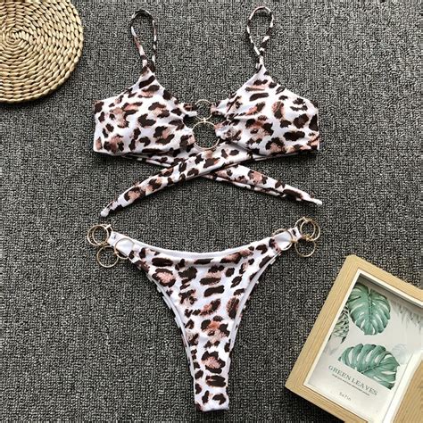 New Metal Rings Leopard Bikini Women Cross Bandeau Swimsuit Female Brazilian Swimwear Two