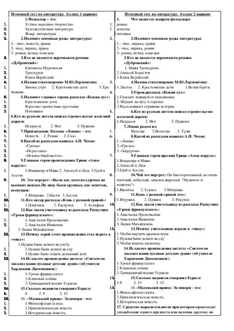 Итоговый тест по литературе ( 6 класс)