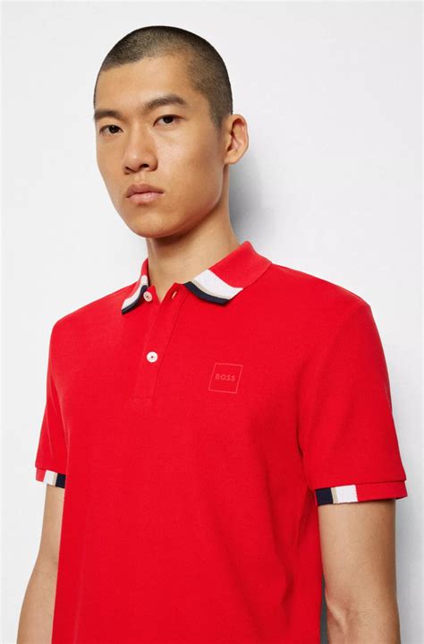 Boss Cotton Piqué Logo Polo Shirt With Colour Blocking Red Polo Shirt