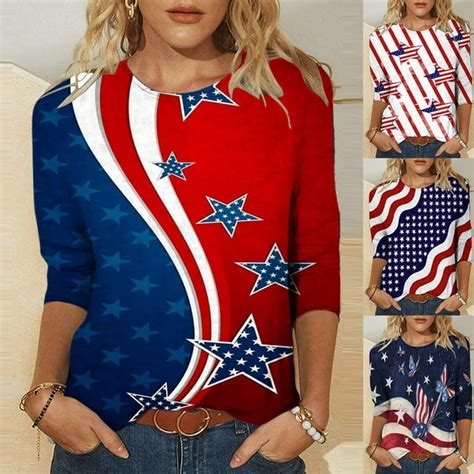 Womens American Flag Shirt Casual 4th Of July Print 3 4 Sleeve Tunic