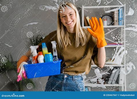 Blonde Woman Maid Holding Basket Full Of Cleaning Products Stock Image Image Of Household