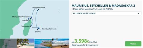 AIDA 2 Wochen Mauritius Seychellen Madagaskar für 1 799 Euro inkl