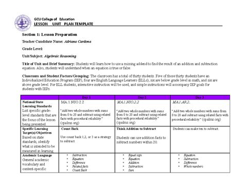 elm   day unit plan template section  lesson preparation