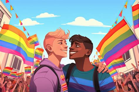 Ilustra O De Desenho Animado De Um Casal Gay Feliz Abra Ando E Sorrindo As Cores Do Arco