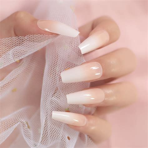 Long Coffin Ballerina Fake False Press On Nails Pcs Natural Nude White Nails French Manicure