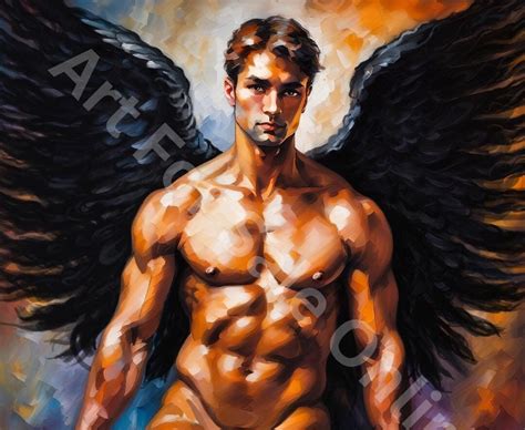 Male Nude Print Angel Muscular Naked Man With Black Wings Figure Picture Sensual Art