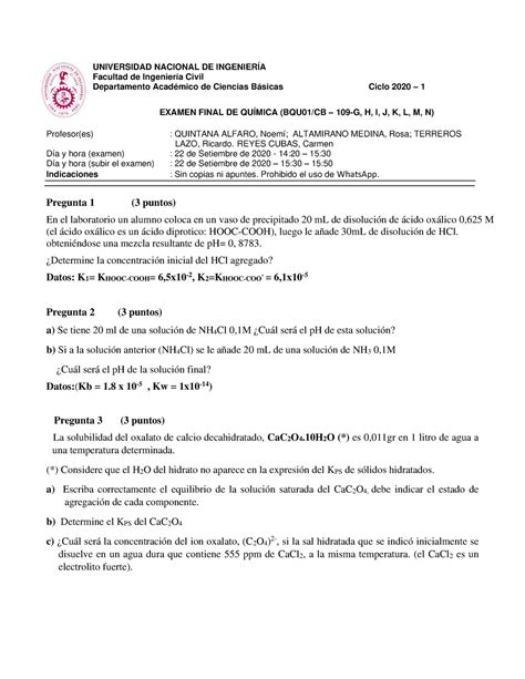 Examen Final De Quimica I Universidad Nacional De Ingenier A