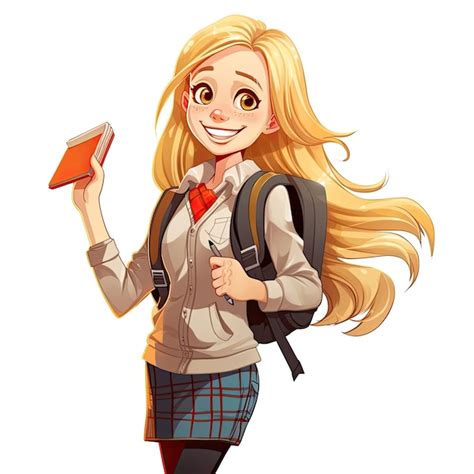Une écolière blonde de dessin animé avec un sac à dos en uniforme scolaire isolée sur le dos