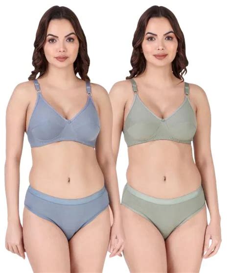 Buy PIBU Women Cotton Bra Panty Set For Lingerie Set Pack Of 2 Color Blue Green Online