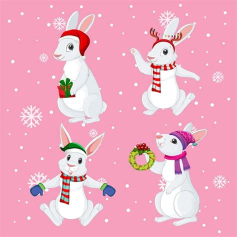 Premium Vector White Rabbits In Different Poses Set