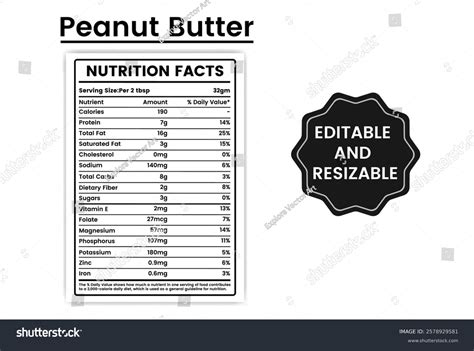 Peanut Butter Nutrition Factsnutritional Value Peanut Stock Vector
