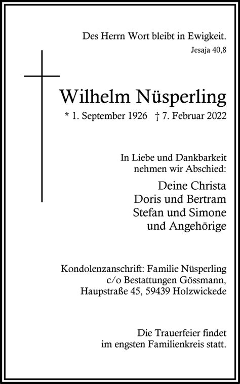 Traueranzeigen von Wilhelm Nüsperling sich erinnern de