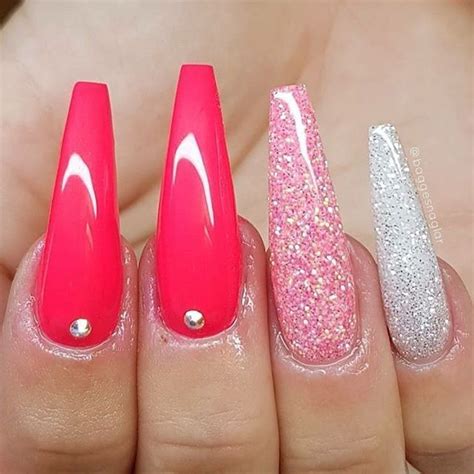Long Coffin Shaped Nails With Hot Pink Gel Polish Shimmery Pink And Shimmery Silver Gel