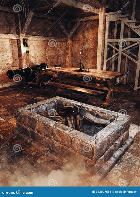 Tavern In Pirate Port Overlooking Old Sailing Ships In Sea At Sunset