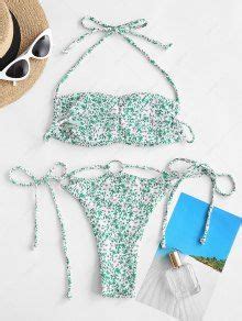 Zaful Ribbed Floral O Ring String Bikini Swimwear In White Zaful