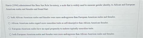 Solved Harris 1996 Administered The Bem Sex Role Chegg