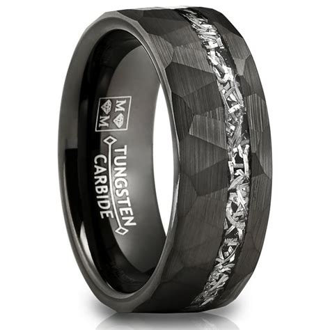 Metal Masters Mens Tungsten Carbide Ring Hammered Meteorite Wedding Band 8mm Silvertone Black