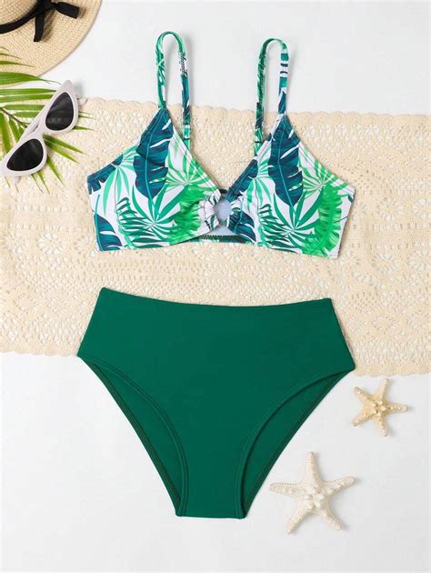 Tween Girls Adjustable Strap Bikini Swimsuit With Leaf Print Design