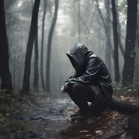 Hombre Sentado Solo En El Bosque Con Lluvia Cayendo Foto Premium