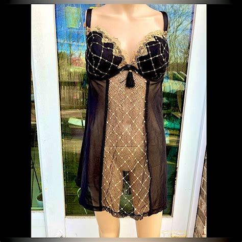 Cacique Intimates Sleepwear Cacique Black And Gold Sheer Lingerie Slip Poshmark