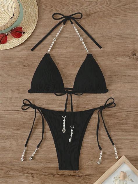 SHEIN Swim Vcay Conjunto De Bikini De Cadena De Perlas Falsas Con Sujetador De Cuello Halter Y