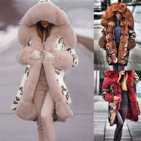 2020 New Fashion Camouflage Big Fur Collar Faux Fur Coat Women Thick