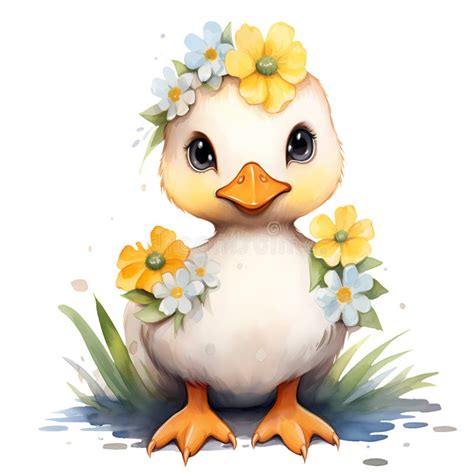 Cute Baby Duck With Flowers Watercolor Clipart Illustration AI