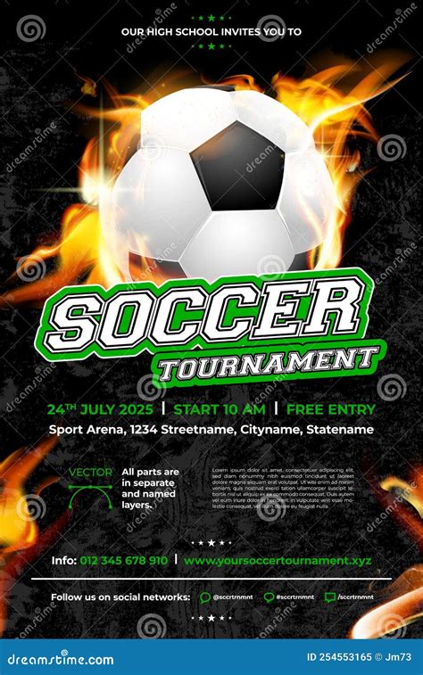 Soccer Tournament Poster Template With Ball On Fire Stock Vector