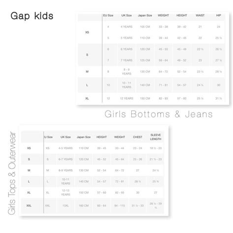 Gap Size Chart Kids Gap Sizing