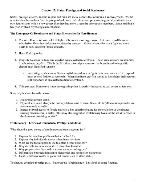 Lecture notes ch12 - Chapter 12: Status, Prestige, and Social Dominance