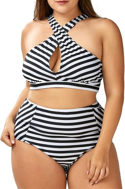 Women Halter Cutout Bikini Lady Hollow Plus Size Stripe Print Strap Cross Swimsuit High Waist