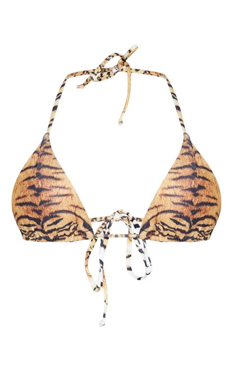 Haut bikini triangle rembourré marron tigrures liens ajustables