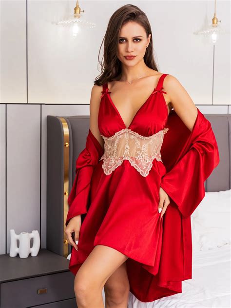 Factory Manufacturing Silky Lingerie Dress Silk Nightgown Satin Lingerie Set With Lace Womens