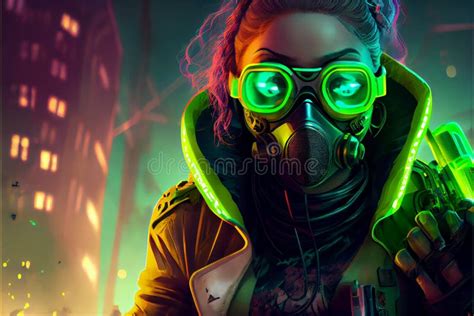 Cyberpunk Woman with Neon Lights Cityscape Stock Illustration ...