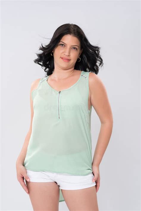 Plus Size Brunette Stock Image Image Of Shorts Smiling