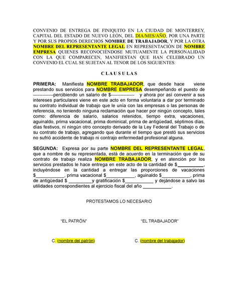 Convenio De Entrega De Finiquito Particulares Convenio De Entrega De