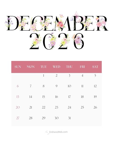 December 2026 Calendar Aesthetic Cute - Free Printable Templates