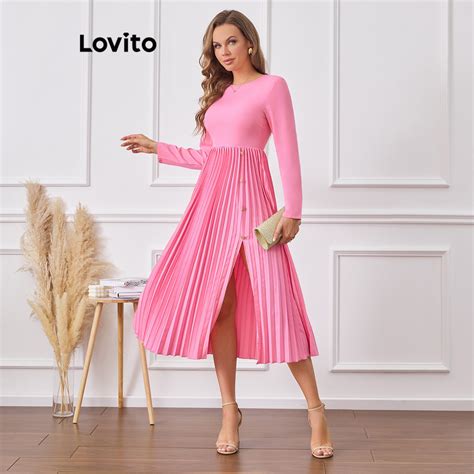 Lovito Elegant Plain Split Front Metal Pleated Dress For Women Lbl