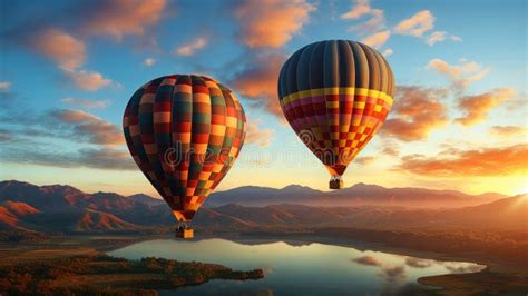 Colourful Hot Air Balloons Flying Over The Mountain In The Haze At Dawn