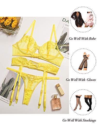 Kaei Shi Garter Lingerie For Women Floral Sheer Lace Lingerie Set Underwire 3 Piece Embroidered