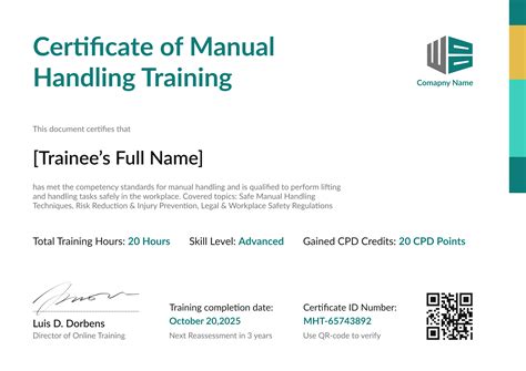 Professional and structured manual handling certificate template