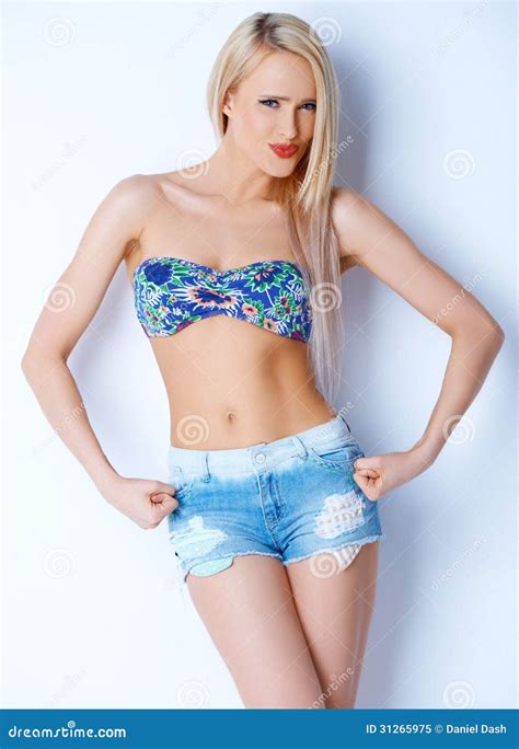 Blond Woman In Short Jeans And Bikini Bra Stock Image Image Of Jeans