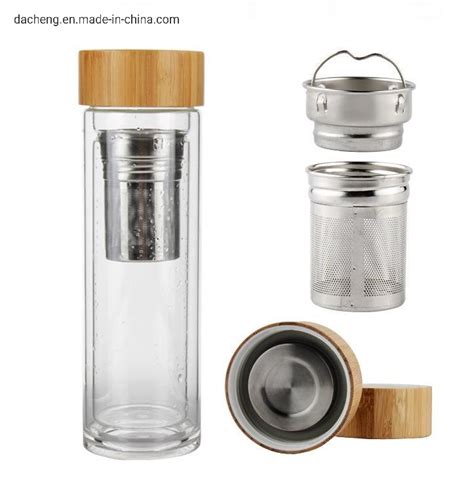 Eco Friendly Bamboo Lid Double Wall Glass Water Bottle Tea Infuser