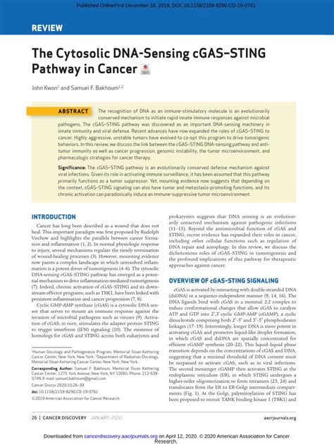 Pdf The Cytosolic Dna Sensing Cgas Sting Pathway In Cancersignaling Several Reports Have