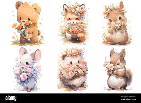 Set Of Cute Baby Woodland Animals Fox Hare Mouse Hedgehog Bear And
