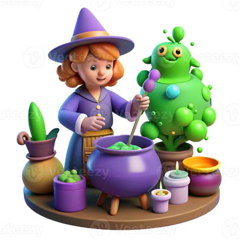 Witch Brewing Potion In Cauldron With Green Creature Png