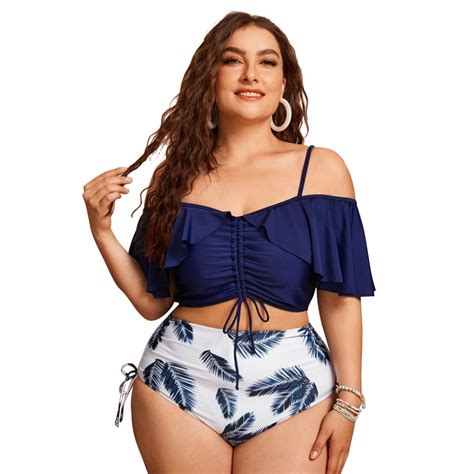 Jual Bikini Jumbo Big Size High Waist Model Off Shoulder Sabrina Warna Navy Blue Biru Putih