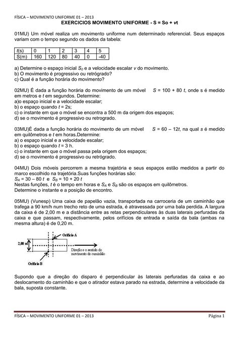 Questões De Movimento Uniforme - Física – movimento uniforme 01 – 2013 | DOCX